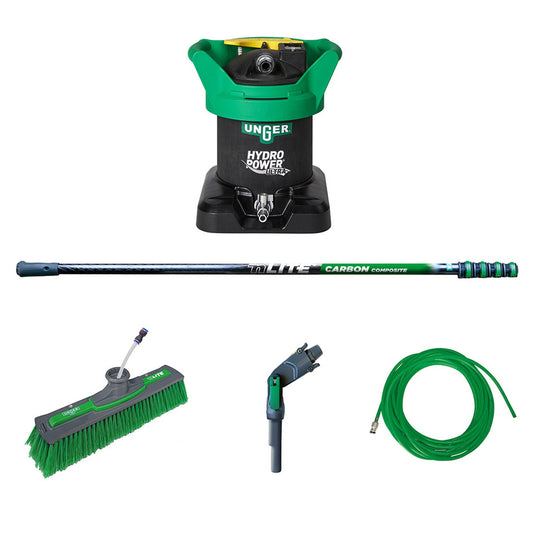 Vinduespudser sæt med vandførende  teleskopstang og børste til vask af vinduer, glasflader og solceller med ultra rent vand.