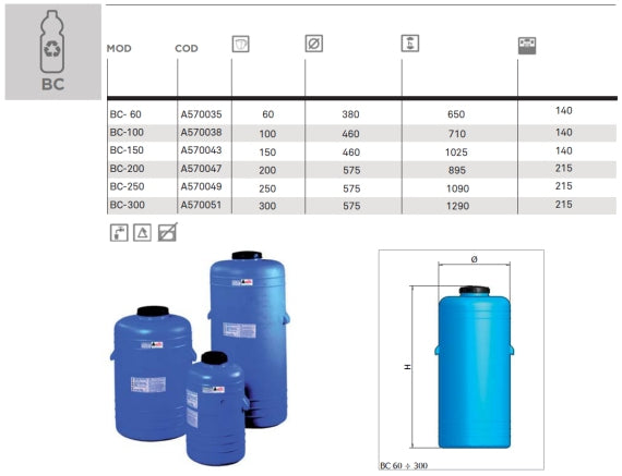 60 liter drikke-vandtank diam.38cmxH65cm RPV-blå lodret