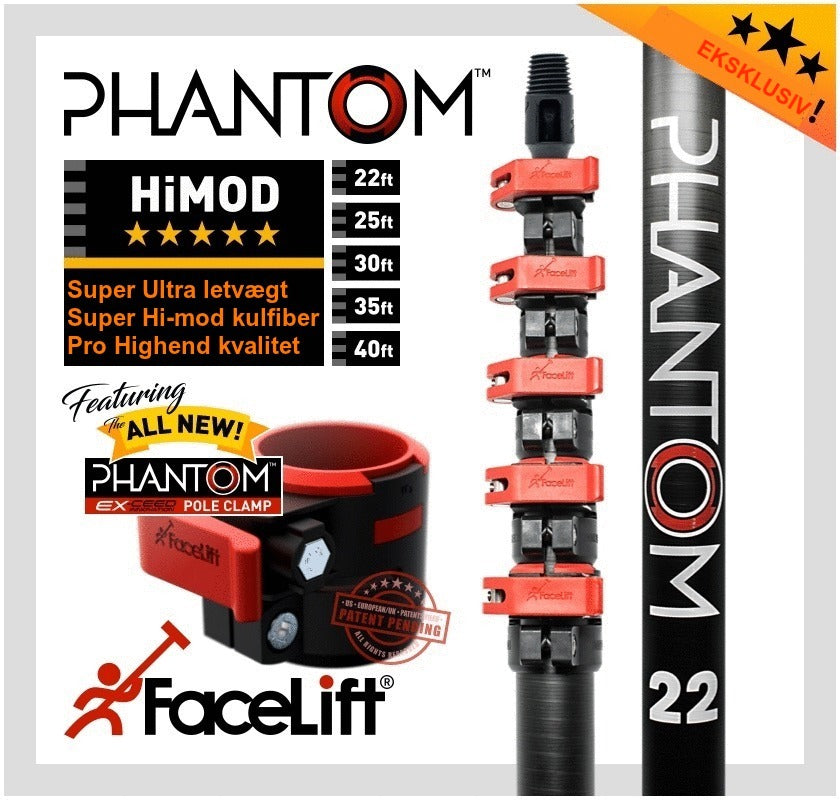 Facelift Phantom HIMOD Kulfiber Teleskopstang med vandgennemløb   FaceLit IMOD Kulfiber Teleskopstang med vandgennemløb  FaceLift Phantom kulfiber HI-Mod Teleskopstang fra 6,7 til 19,8 meter FaceLift Phantom Cleaning Systems. Egenskaber og fordele ved Phantom vandførende teleskopstang. Phantom klemme systemet. Phantom serien. Phantom klemmen. Phantom teleskopklemmer. Adapter Specielt designet til Phantom teleskopstangen The first look at the New Facelift Phantom Water Fed Pole