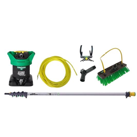 kit med telesopstang og vandbehandling til at vaske solceææer og solfangere